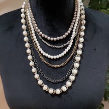 Women Fashion Faux Pearls Multi Strand Chain Statement Necklace Lobster Clasp - £23.81 GBP