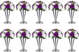 10 Pcs Tabletop Metal Wedding Flower Trumpet Vase, 9.8 Inch Table, Silver - £108.70 GBP