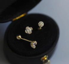 9ct Solid Gold Crystal Stud Zirconia Earrings -Handmade beaded, 9K Au375, classy - £70.16 GBP