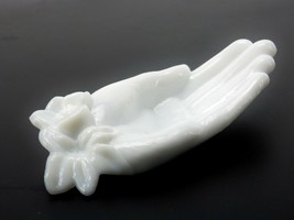 Glass Ring &amp; Jewelry Dish, White Milk Glass, Open Hand Flowers On Wrist,... - £22.22 GBP