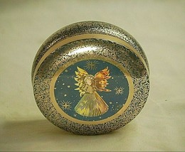 Vintage Christmas Angel Lithograph Vanity Powder Tin Can w Lid Xmas Container - £13.23 GBP