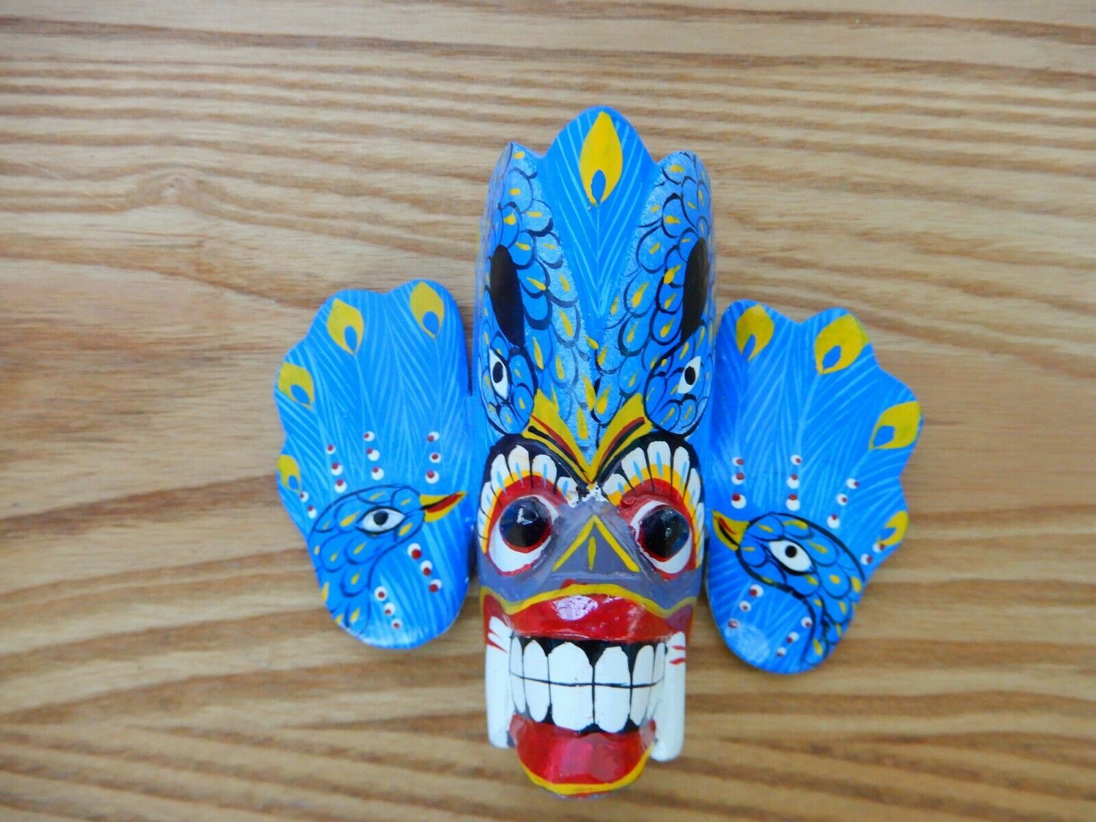 Unique vtg Sri Lankan mask wall hanging w/ peacock theme - $15.00