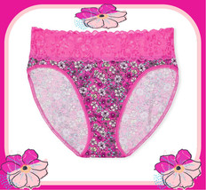XXL Pink Retro Floral WideLace Waist Cotton Victorias Secret HighLeg Brief Panty - £9.36 GBP