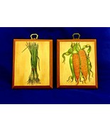 Vintage decoupage 2 vegetables wall decorative plaques yellow corn &amp; gre... - £5.41 GBP