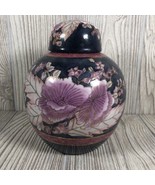 VINTAGE ASIAN PORCELAIN URN W/LID FLORAL GOLD OUTLINED PAINTED FLOWERS - $44.55