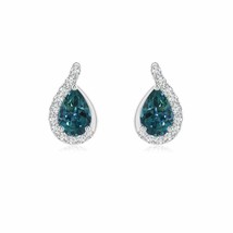 Teal Montana Sapphire Stud Earrings with Diamond in 14K Gold (Grade-AAA , 6x4MM) - £883.27 GBP