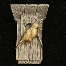 Vintage Pewter &amp; Gold Tone Bird Sitting On Birdhouse 1999 M Bastin Brooch Pin - £7.10 GBP