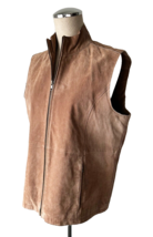 Ruffhewn Tan Suede Leather Zip-Front Vest Stand Up Collar Zip Pockets-Women&#39;s L - £37.06 GBP