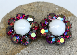 Vintage Signed Weiss White Cabochon &amp; Ruby AB Rhinestone Clip Earrings - £15.27 GBP
