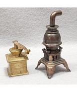 Miniature Brass Pot Belly Stove And Coffee Grinder Figurines - $18.22 CAD