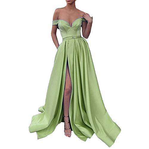 Plus Size Off The Shoulder High Slit Long Prom Dresses with Pockets Sage US 18W