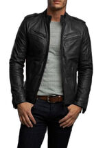 Handmade Mens Black Leather soft leder Jacket biker coat harley - $127.41