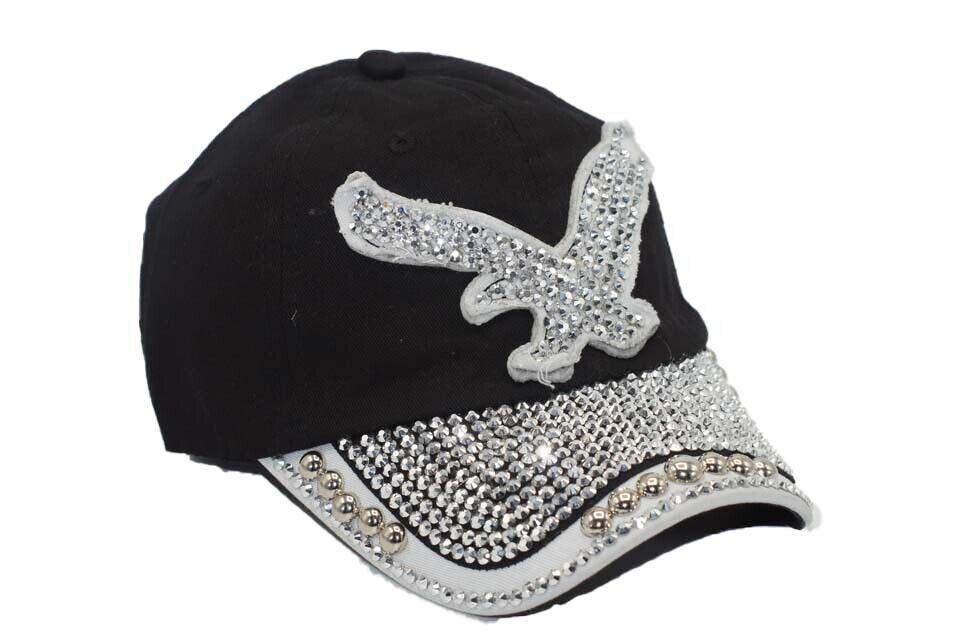 Black - Eagle Baseball Cap Wash Dad Sparkle Cap Design Adjustable Strap Unisex