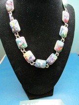 Vintage Painted Silver Square Link Necklace Jewelry - £23.73 GBP