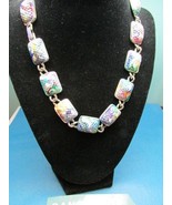 Vintage Painted Silver Square Link Necklace Jewelry - £23.34 GBP