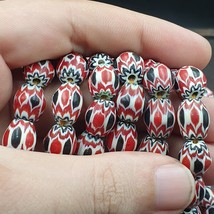 Vintage Venetian African Style Red Glass Chevron Beads Long Strand 10x13mm - £36.53 GBP