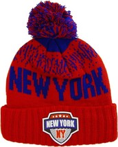 New York City Name Rubber Patch Ribbed Winter Knit Pom Beanie (Red/Royal) - $19.95