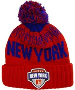 New York City Name Rubber Patch Ribbed Winter Knit Pom Beanie (Red/Royal) - £15.94 GBP