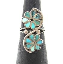 Turquoise Ring 2 Flowers Inlaid 1 1/4&quot; S Silver Size 5.5 Zuni Channel Work NM  C - £111.06 GBP