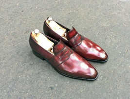 Handmade Men&#39;s Leather Stylish Classic Formal Red Stylish Loafers Shoes-1014 - £179.88 GBP