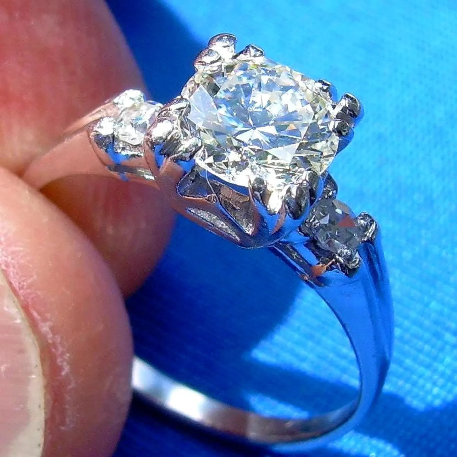 Earth mined Diamond Deco Engagement Ring 14k White Gold Vintage Estate Solitaire Item image 5