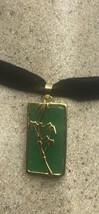 Vintage Green Jade Bamboo Choker Black Velvet pendant necklace - £74.49 GBP