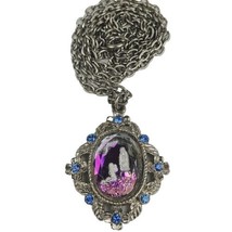 Vintage Our Lady of Lourdes purple French mercury glass medal rhinestone... - $28.04