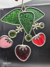 VINTAGE SUN CATCHER STAINED GLASS THREE STRAWBERRY AND LEAVES LEAD SUNCA... - $19.33
