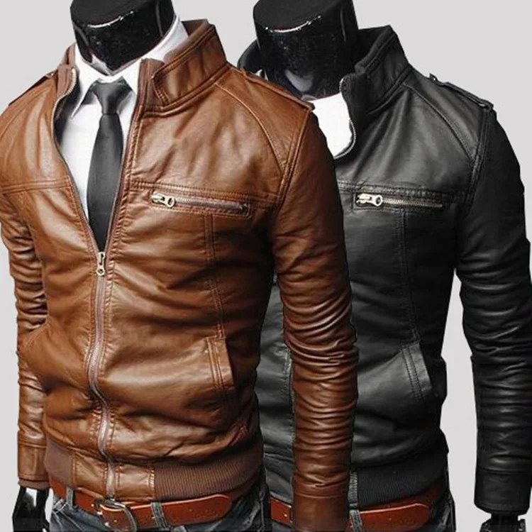 Men Faux Leather Jacket Zippers 2025 Men&#39;s Stand Collar Coat Spring - $136.77 CAD