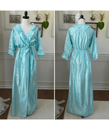 Vintage 80s Preview USA Aqua Satin Ruffle Robe M L - $37.69 CAD
