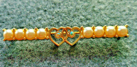 Double Hearts Brooch Pin Gold-Tone Faux Pearls Rhinestone Jewelry Vintag... - $19.99