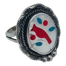 Zuni Old Pawn ,Red Bird, Coral, Inlay Mother-of-Pearl, Sterling Ring  Size 6 - £118.19 GBP