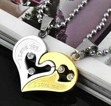 Gold&amp;Silver Tone &quot;I Love You&quot; Heart Pendant Men Women Necklace Friendship Love - £7.29 GBP