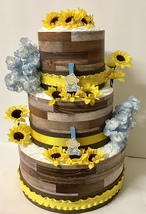 An item in the Baby category:  Rustic Yellow and Blue Sunflower Theme Baby Boy Shower 3 Tier Diaper Cake Gift