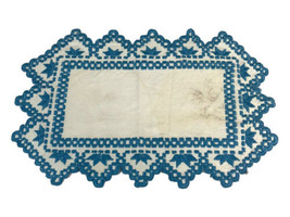 Vintage Crocheted Rectangular Doilie Centerpiece With Blue Design Edge 1... - £6.92 GBP