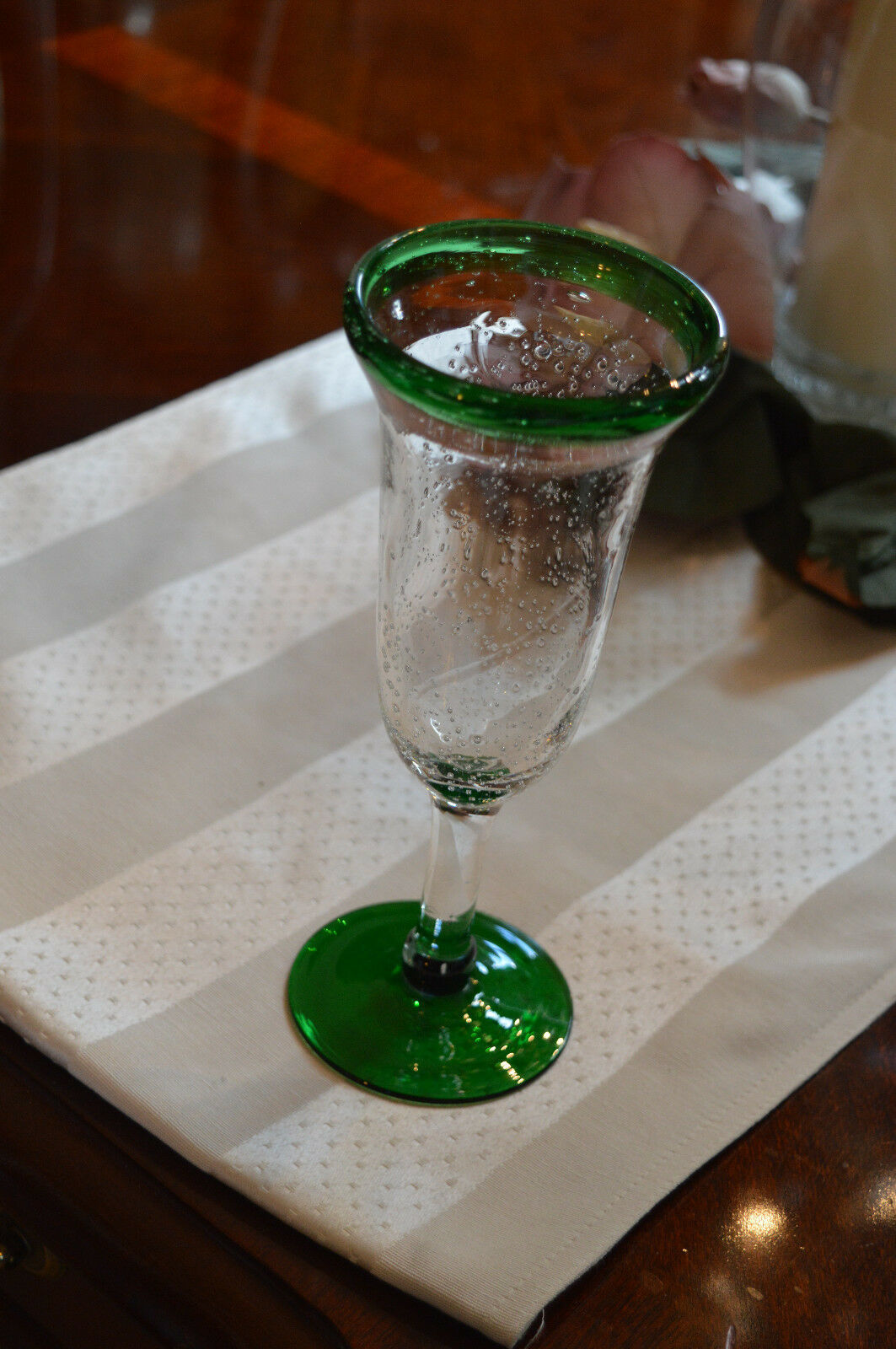 Primary image for * Hand Blown Bubble Glass Clear Green Color Trim Stemmed Fluted Wine Glass