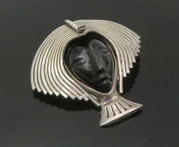 LPJ MEXICO 925 Silver - Vintage Face Carved Black Onyx Brooch Pin - BP6940 - £168.27 GBP