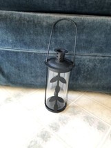 Black Tea Light Holder Cylinder Lantern Handled Leaf embellished - £15.45 GBP