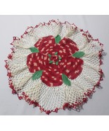 Vintage Rose Handmade Hand Crocheted Doily Red, Pink, White, Green 18&quot; - £19.65 GBP