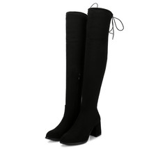Black Gray Womens MiSuede Thigh High Boots Block Thick Heel Stretch Over the Kne - £62.97 GBP