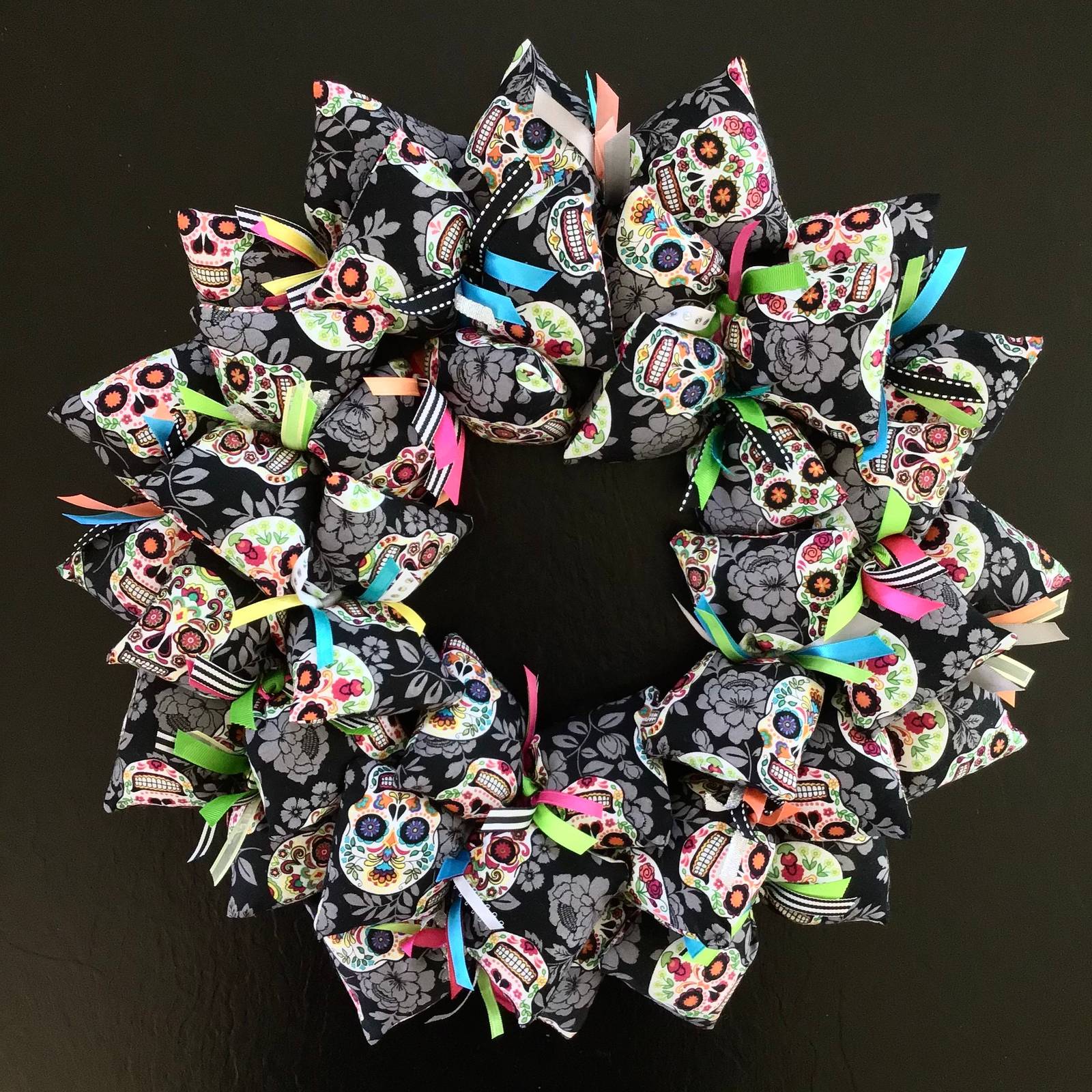 Sugar Skulls. Day of the Dead Halloween Calaveras Handmade Fabric Wreath - $50.35