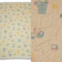 Vintage Light Yellow Baby Blanket ABC Animals Quilted Eyelet Lace Trim 43 X 58 - £30.51 GBP