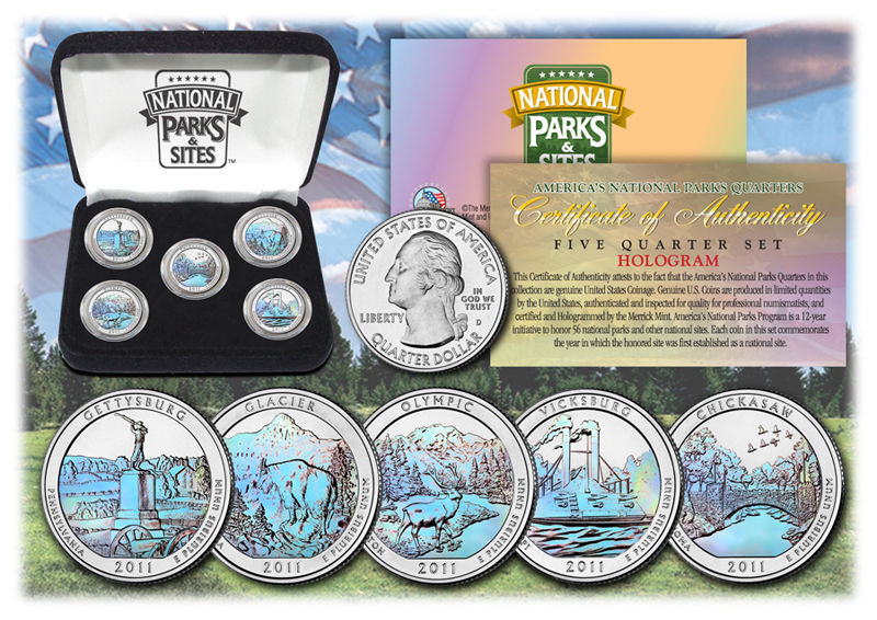 2011 USA Hologram National Parks  5 Quarters Coins Set With Gift Box - $15.70