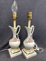 Vintage Pair Of Porcelain 3-D Pink Rose Table Lamp Marble Base Italy Capodimonte - £55.71 GBP