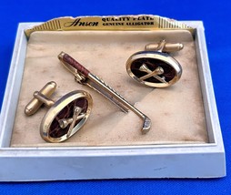 Vintage Anson Goldplated Alligator Trim Golf Club Tie Clip &amp; Golf Tee Cufflinks - $45.00