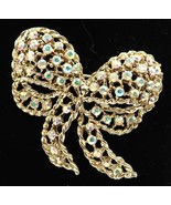 Vtg Gold Tone Classic Bow Brooch Pin w/ AB Aurora Borealis Coated Rhines... - $371.09 MXN