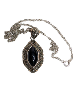 Marcasite Black Onyx Sterling Silver 925 Marquise Charm Wheat Chain Neck... - £51.77 GBP