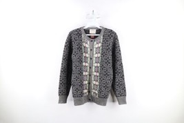 Vintage 80s Womens Small Wool Knit Nordic Fair Isle Button Cardigan Sweater - £55.35 GBP