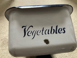 Vintage Enamel Vegetables Refrigerator Bin, White W/ Black Blue Writing ... - £52.42 GBP