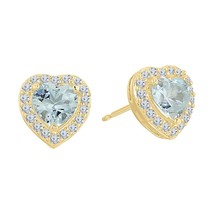 14K Yellow Gold Plated Silver Simulated Blue Topaz Halo Heart Stud Earrings - £29.54 GBP